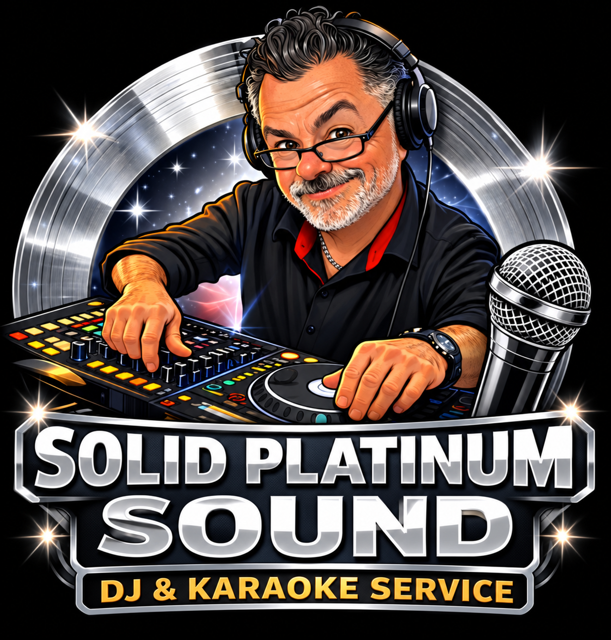 Caricature of DJ Dan wearing headphones and working the DJ controls
